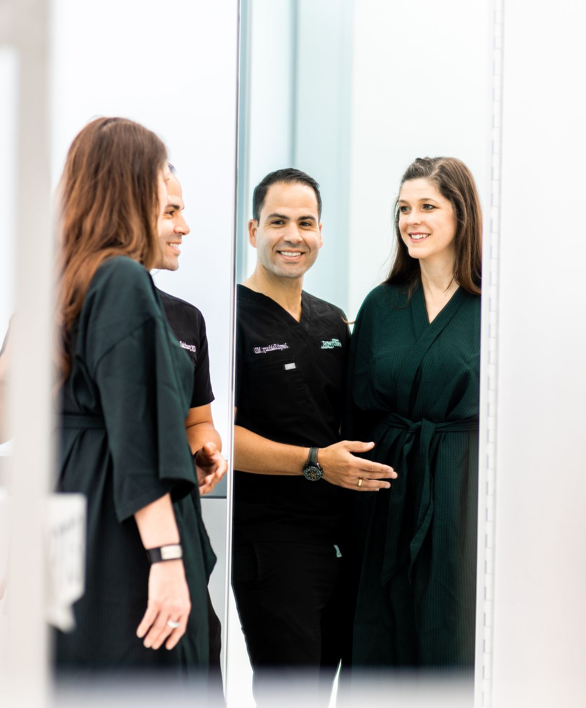 Professional consultation in a mirror reflection.